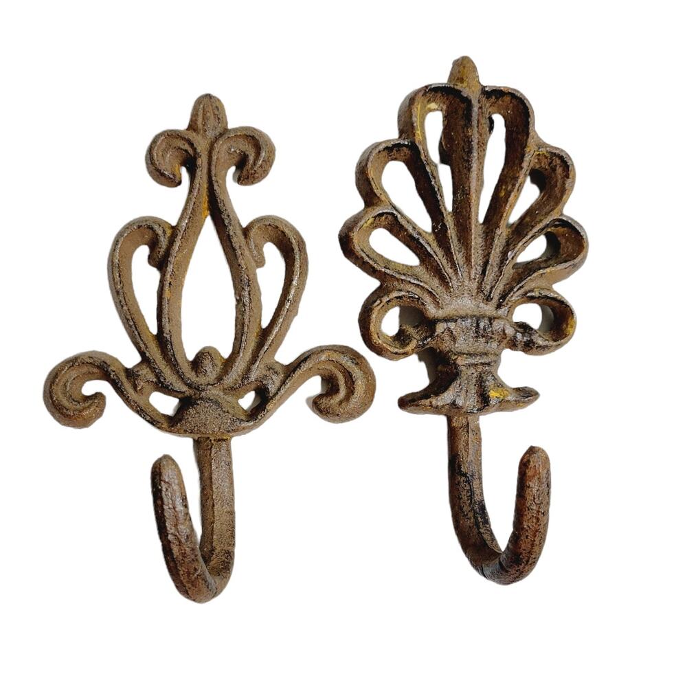 Iron Coat Hooks 2 Piece Lot Ornate Scroll Vintage 6 Inch Large Heavy